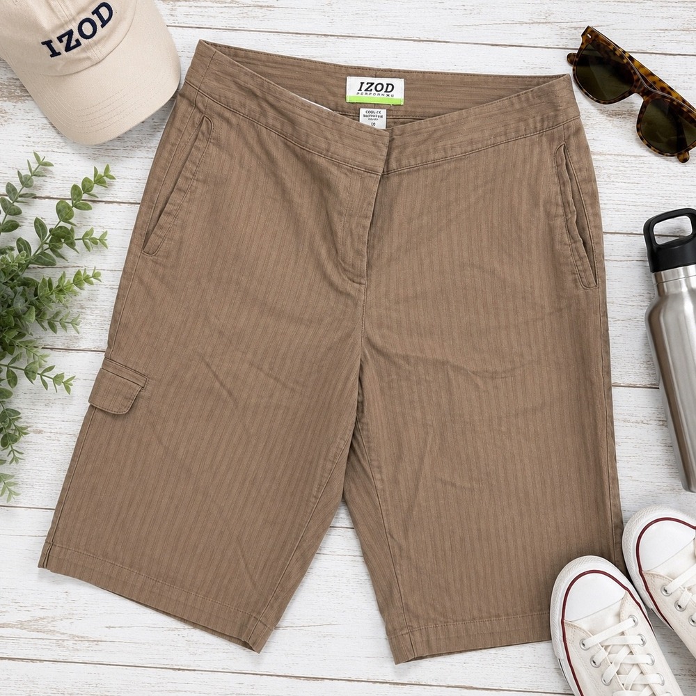 IZOD PerformX Cargo Shorts Stretch Cool-FX Khaki Brown Size 10 Casual Outdoor